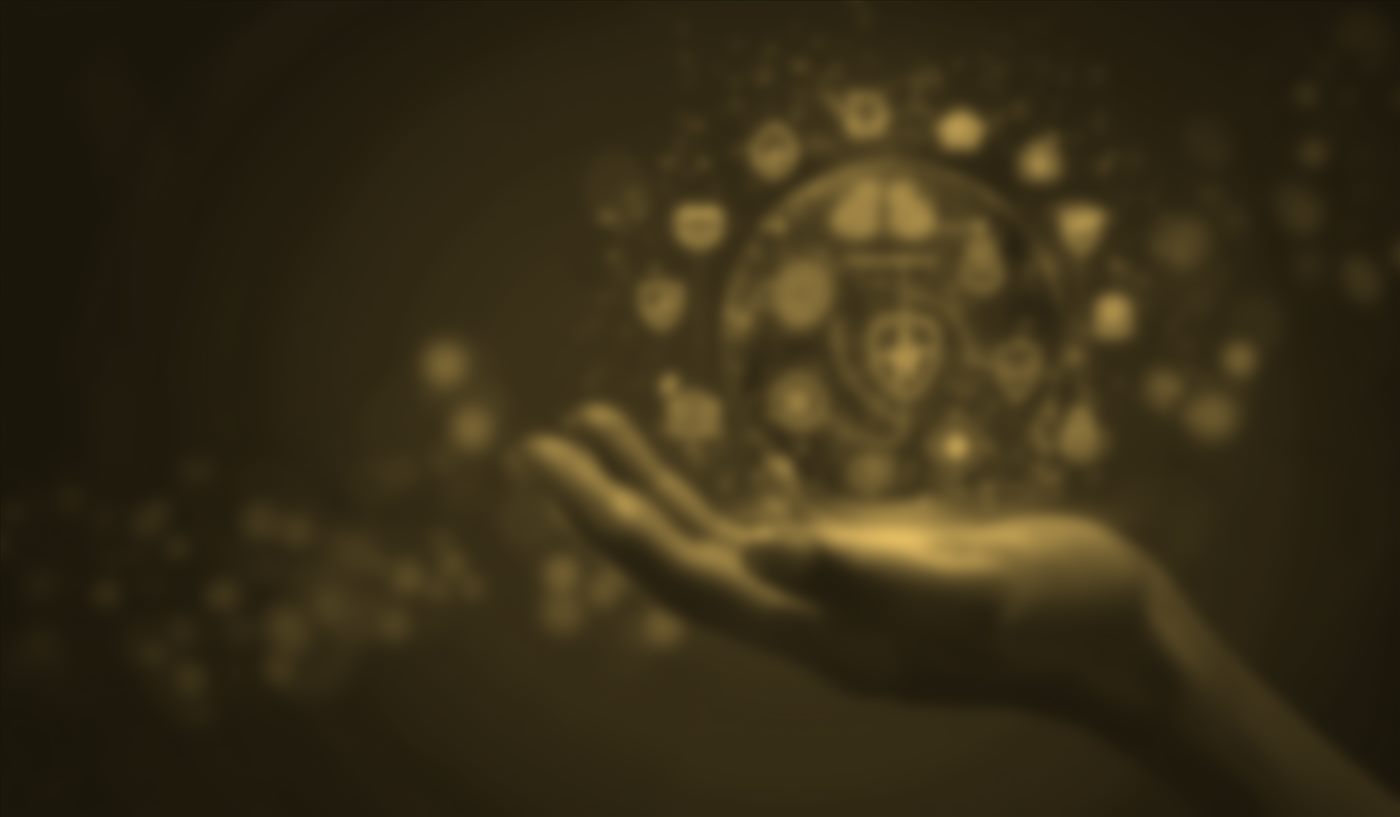 Hand presenting a glowing network of intelligence icons, representing AI solutions