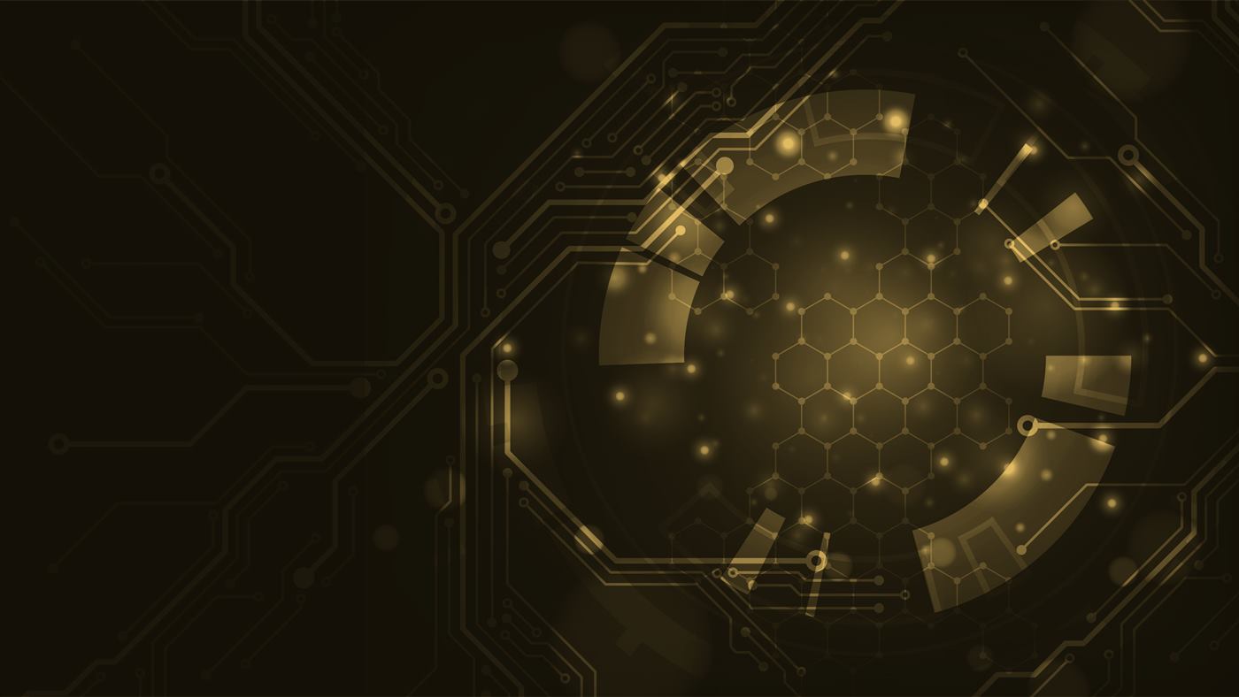 Gold-toned circuit and hexagon network pattern representing automated delivery pipelines