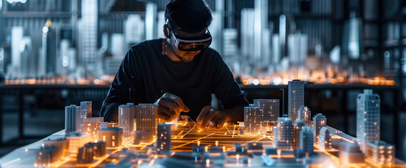 Engineer working with an augmented-reality city model, representing enterprise systems architecture
