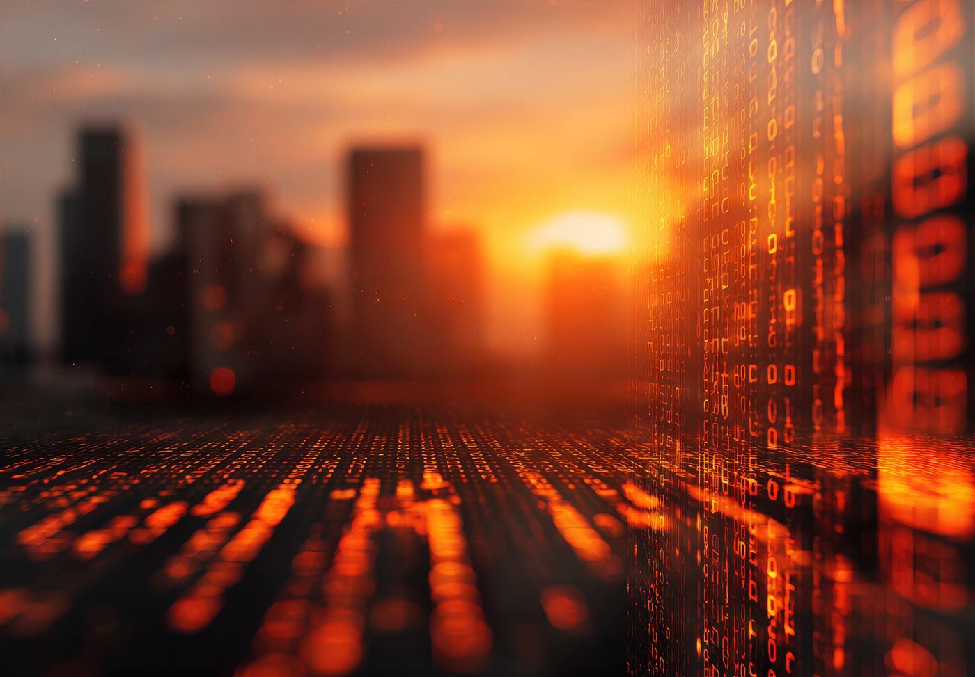 Digital cityscape overlaid with binary code, representing web development